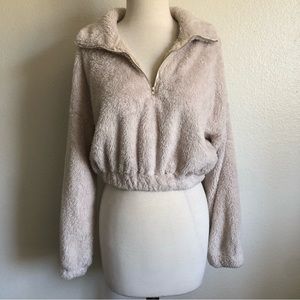 Shein Beige Fuzzy Cropped Half Zip Pullover Sweater